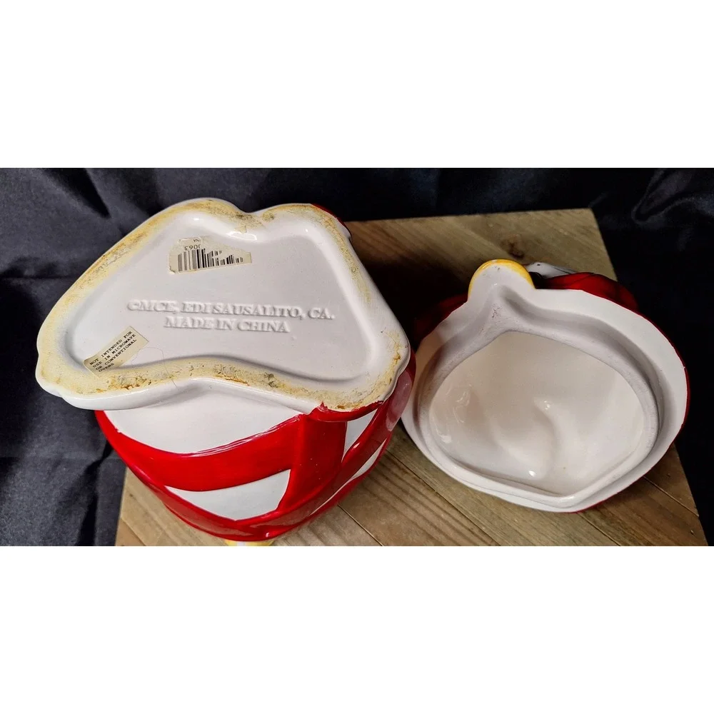 MCE EDI Sausalito White Cat Red Ribbon Bell Ceramic Cookie Jar Vintage 1980s